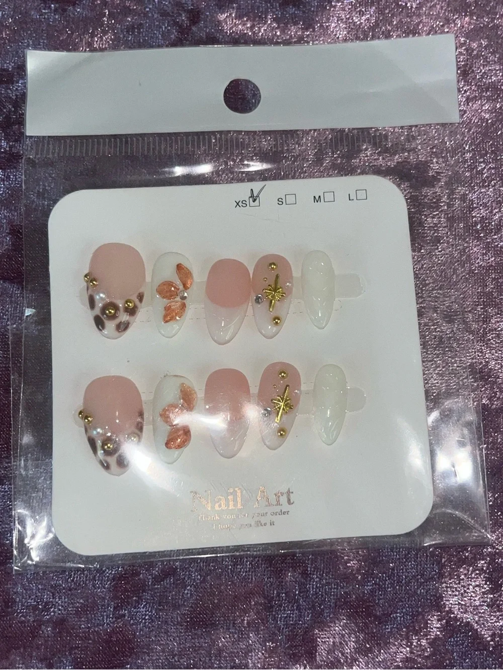 Press-On Nail Set with Pink, White & Gold Accents
